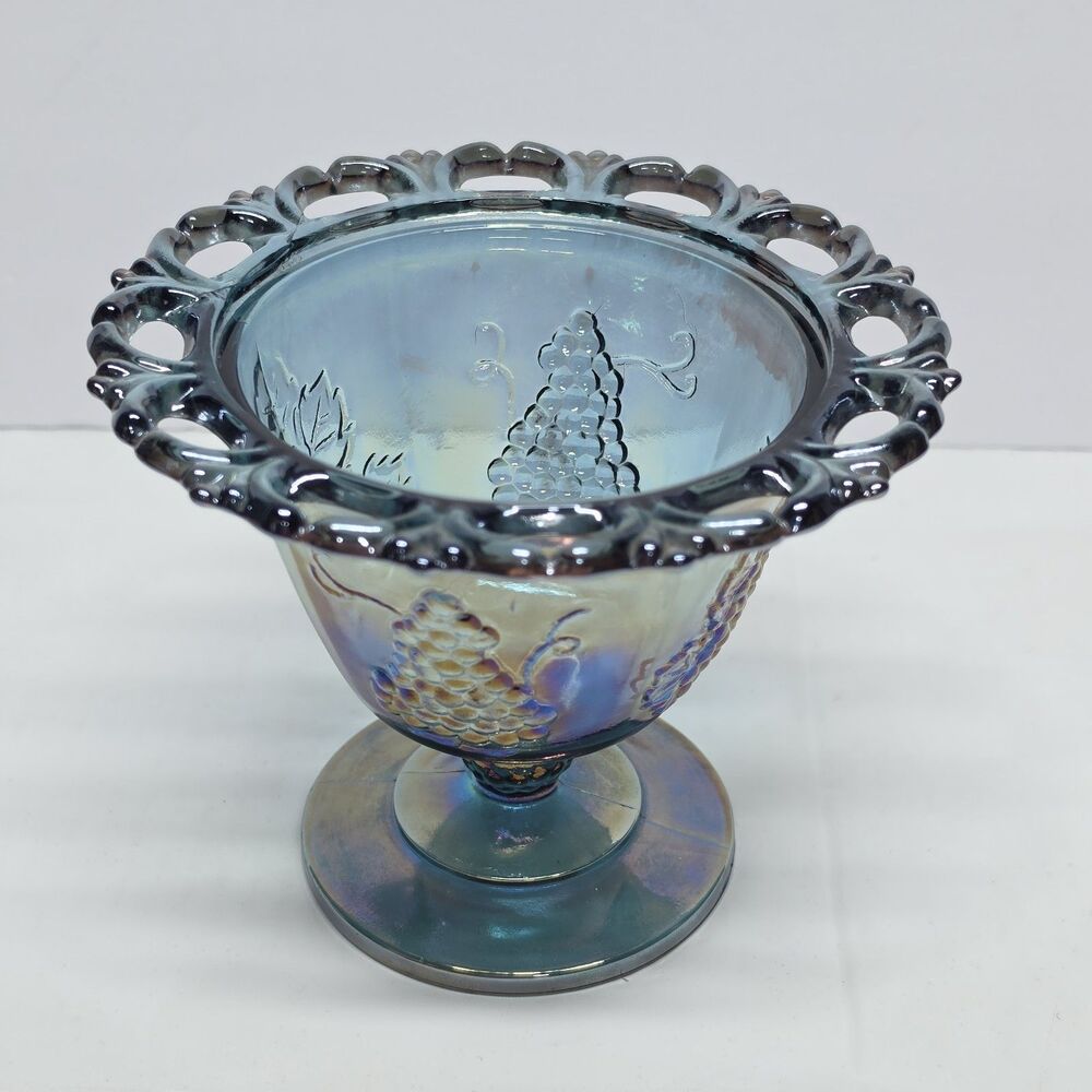 Vintage Carnival Glass Iridescent Blue Indiana Glass Candy Dish Compote Grapes